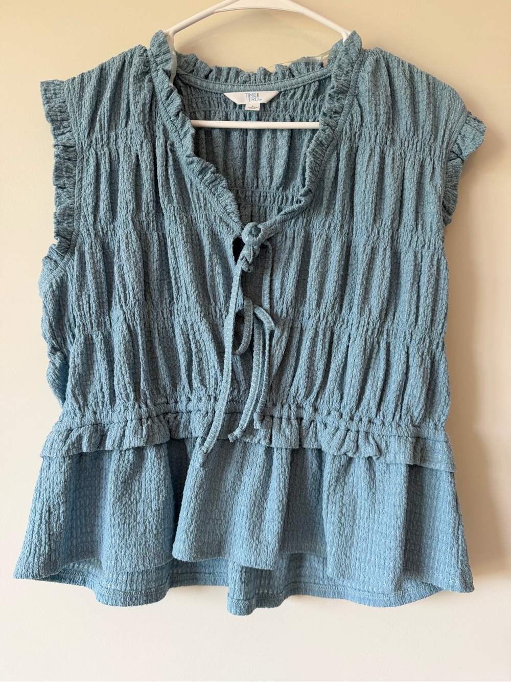 Time and Tru Large 12-14 Blue Textured Tie Front Peplum Ruffle Top